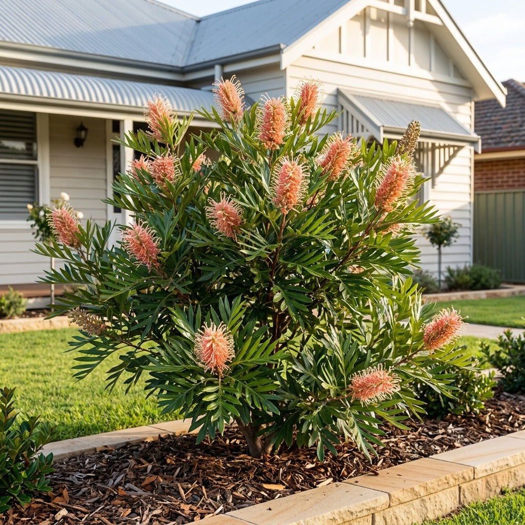 Pink Surprise Grevillea (Grevillea hybrid 'Pink Surprise') growing in a mulched garden bed in front of an Australian home