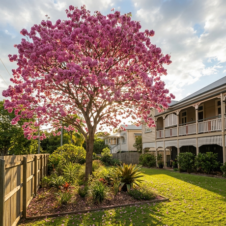 A Pink Trumpet Tree - Tabebuia rosea blooms in the sunlit garden next to a traditional house with a veranda.
