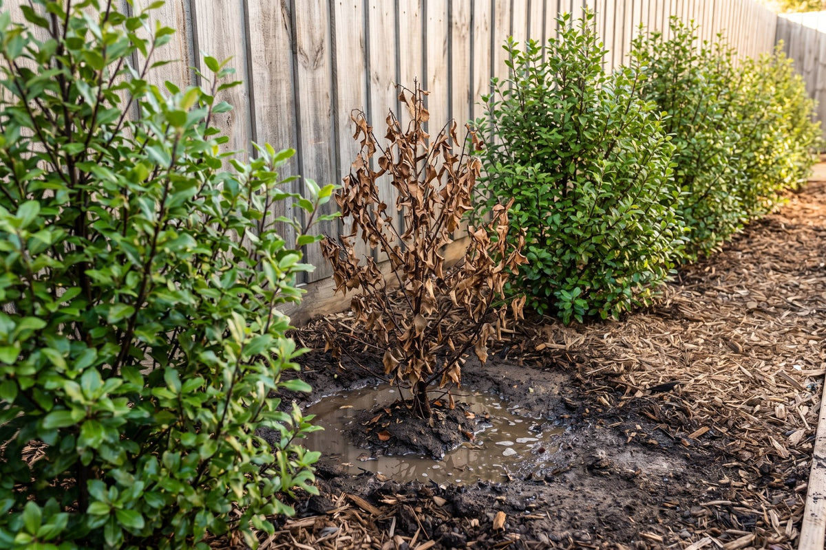 Pittosporum hedge with one dead brown plant in a wet low spot of the row