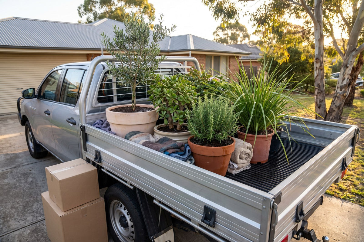 Potted olive, jade plant, rosemary and lomandra packed in a ute tray for a house move