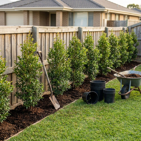 A freshly planted lilly pilly hedge along a fence with a spade, wheelbarrow and empty nursery pots