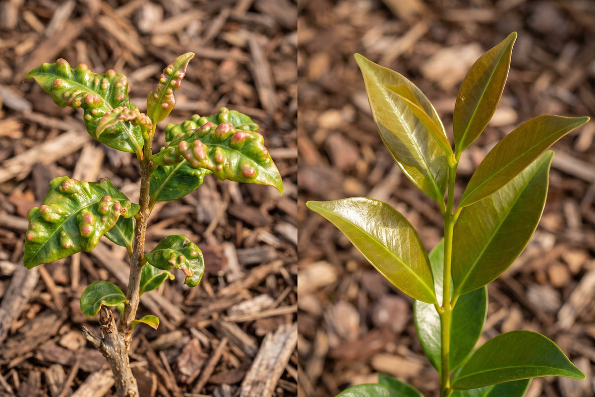Psyllid-galled lilly pilly leaves beside the smooth new growth of a resistant selection