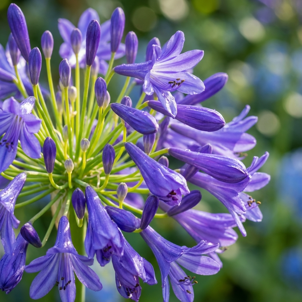 Close-up of Purple Cloud Agapanthus (Agapanthus 'Purple Cloud'), highlighting its deep purple blooms set against a softly blurred green background.