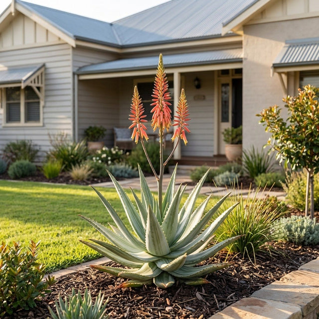 Quicksilver Aloe (Aloe hybrid 'Quicksilver') growing in a mulched garden bed in front of an Australian home