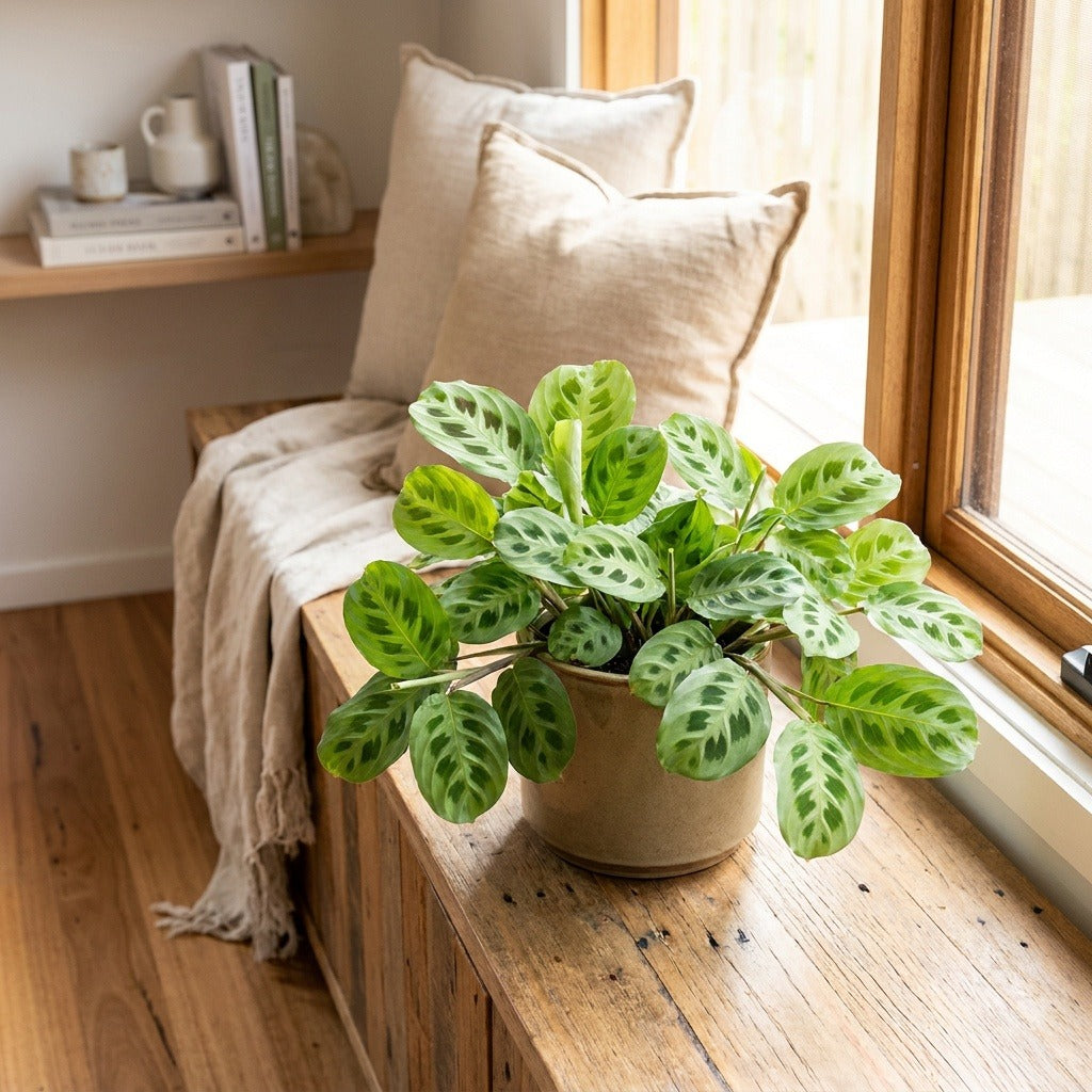 Rabbit's Foot Prayer Plant (Maranta leuconeura var. kerchoveana) in a neutral ceramic pot on a timber sideboard by a sunlit window