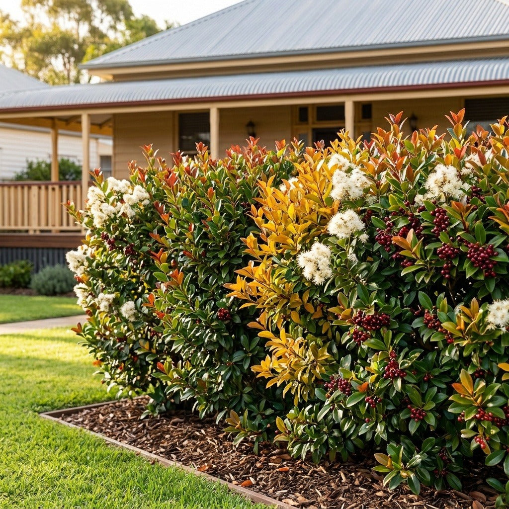 Red Cliffs Lilly Pilly (Syzygium australe 'Red Cliffs') growing in a mulched garden bed in front of an Australian home