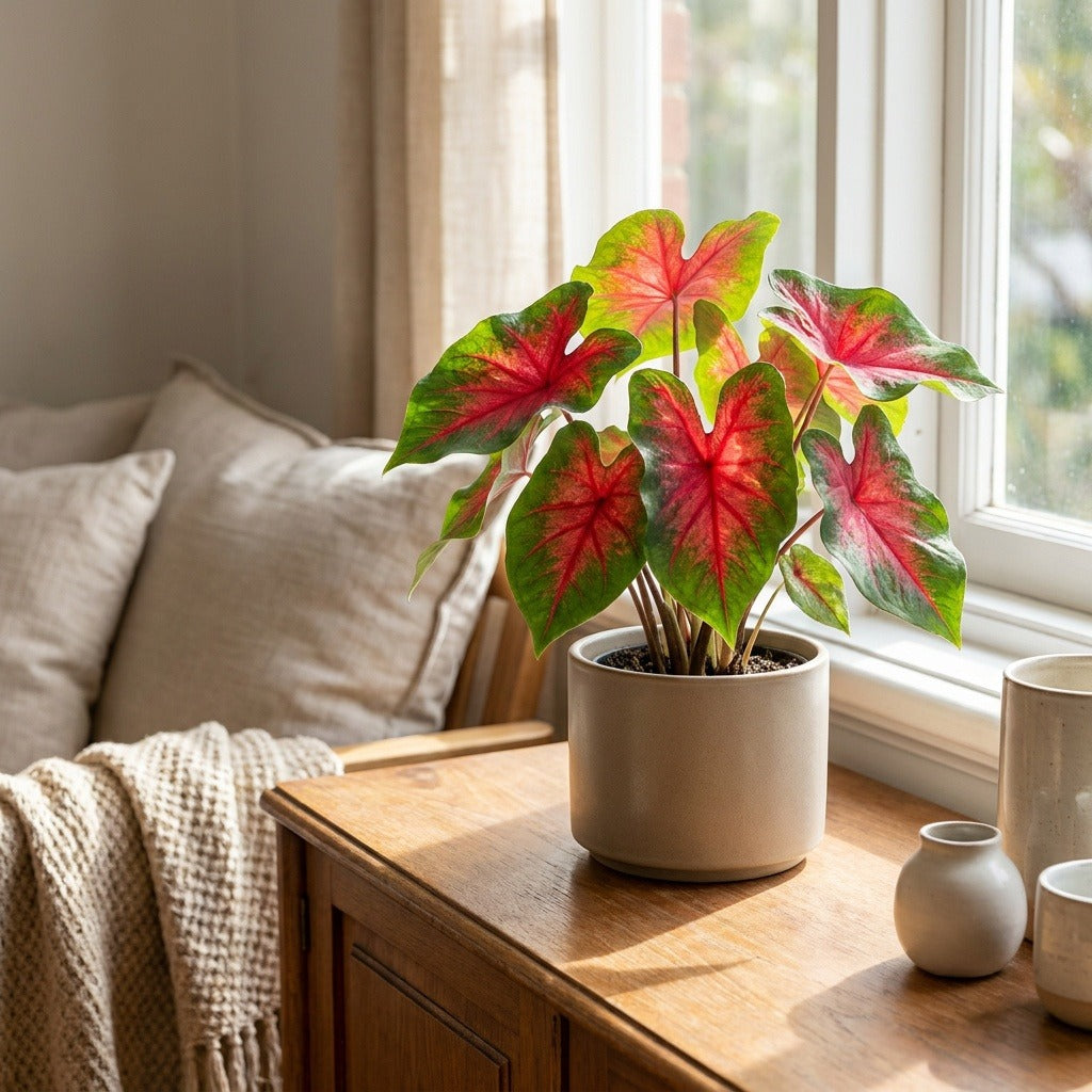 Red Frills Angel Wings (Caladium bicolor 'Red Frills') in a neutral ceramic pot on a timber sideboard by a sunlit window