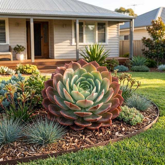 Red Hole Succulent (Echeveria hybrid 'Red Hole') growing in a mulched garden bed in front of an Australian home