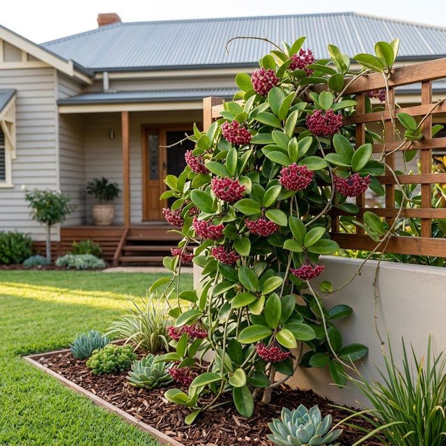 Red Hoya (Hoya coronaria 'Red') growing in a mulched garden bed in front of an Australian home