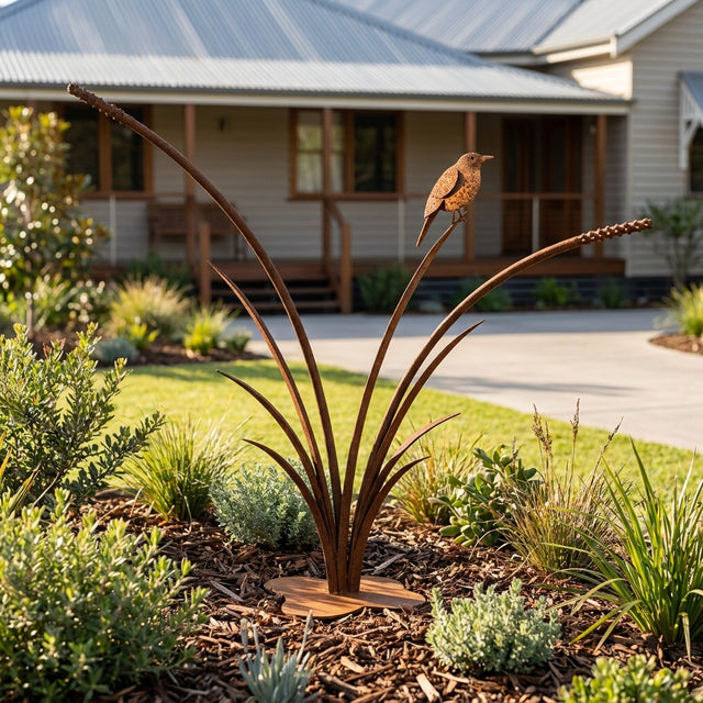Reeds with Robin Rusted Steel Garden Sculpture