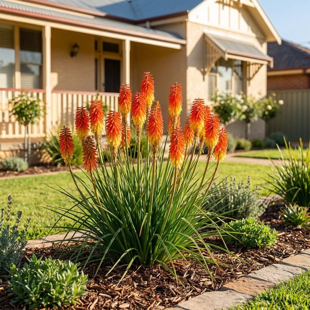 Rocket Jr Red Hot Poker (Kniphofia 'Rocket Jr') growing in a mulched garden bed in front of an Australian home