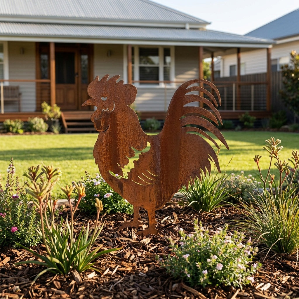 Rooster Rusted Steel Garden Stand