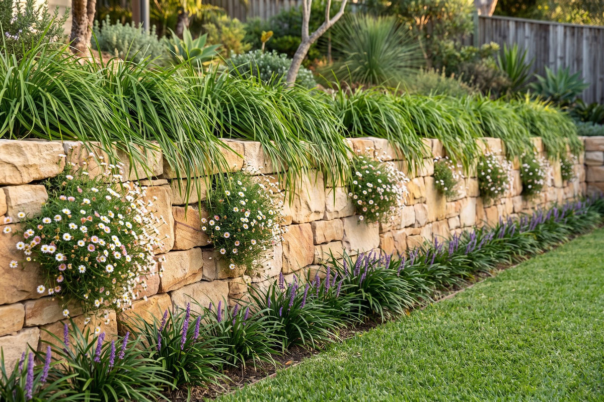 Sandstone retaining wall softened by seaside daisy in the gaps, arching lomandra on top and liriope at the base