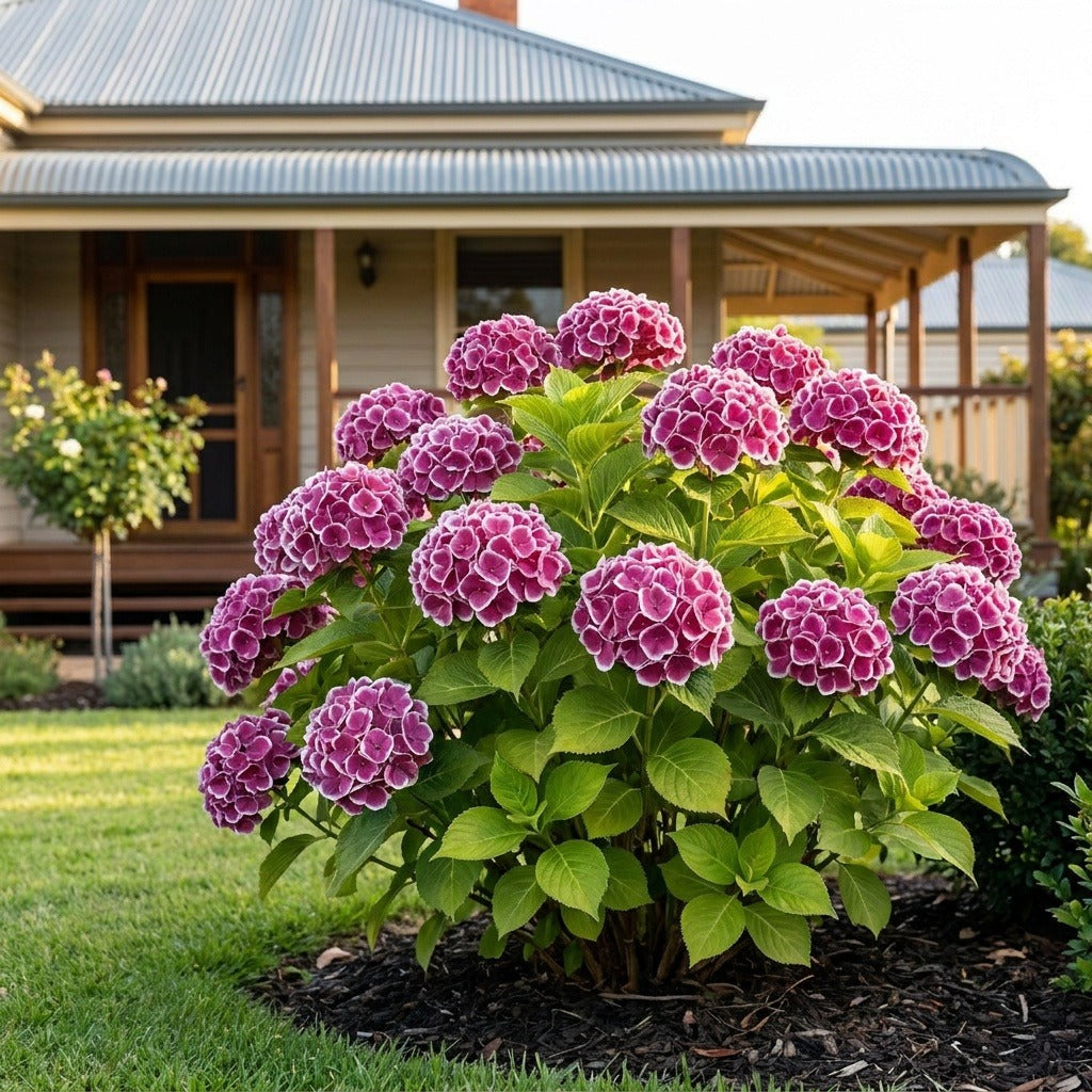 Saturn Hydrangea (Hydrangea macrophylla 'Saturn') growing in a mulched garden bed in front of an Australian home
