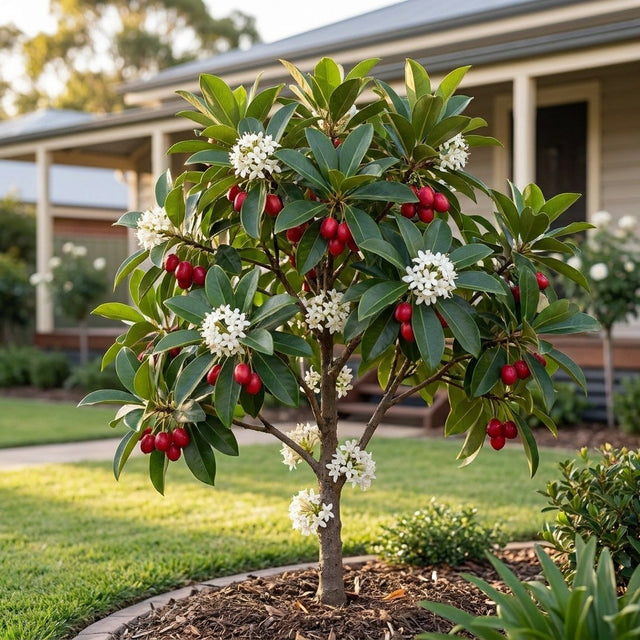 Scented Daphne (Phaleria clerodendron) growing in a mulched garden bed in front of an Australian home