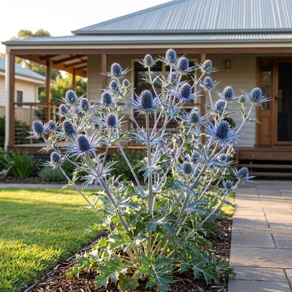 Sea Holly (Eryngium planum) growing in a mulched garden bed in front of an Australian home