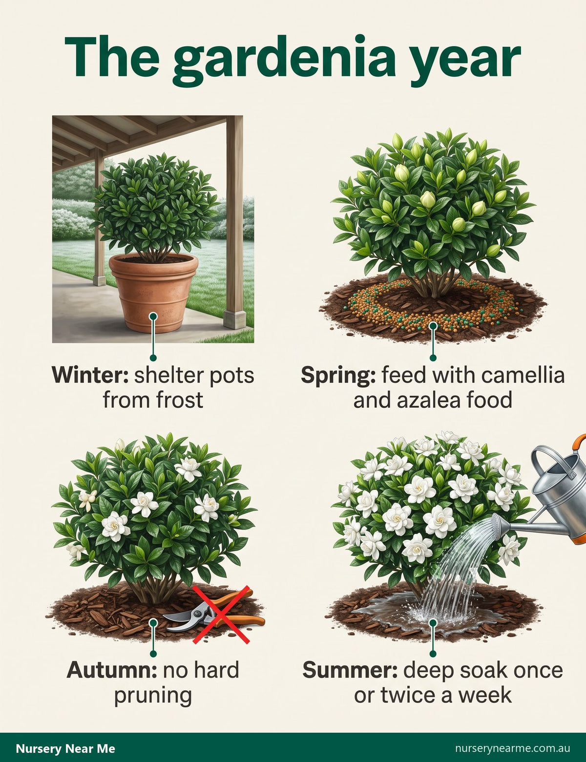 Seasons wheel for gardenia care: spring feed, summer deep watering, no autumn pruning, winter frost shelter