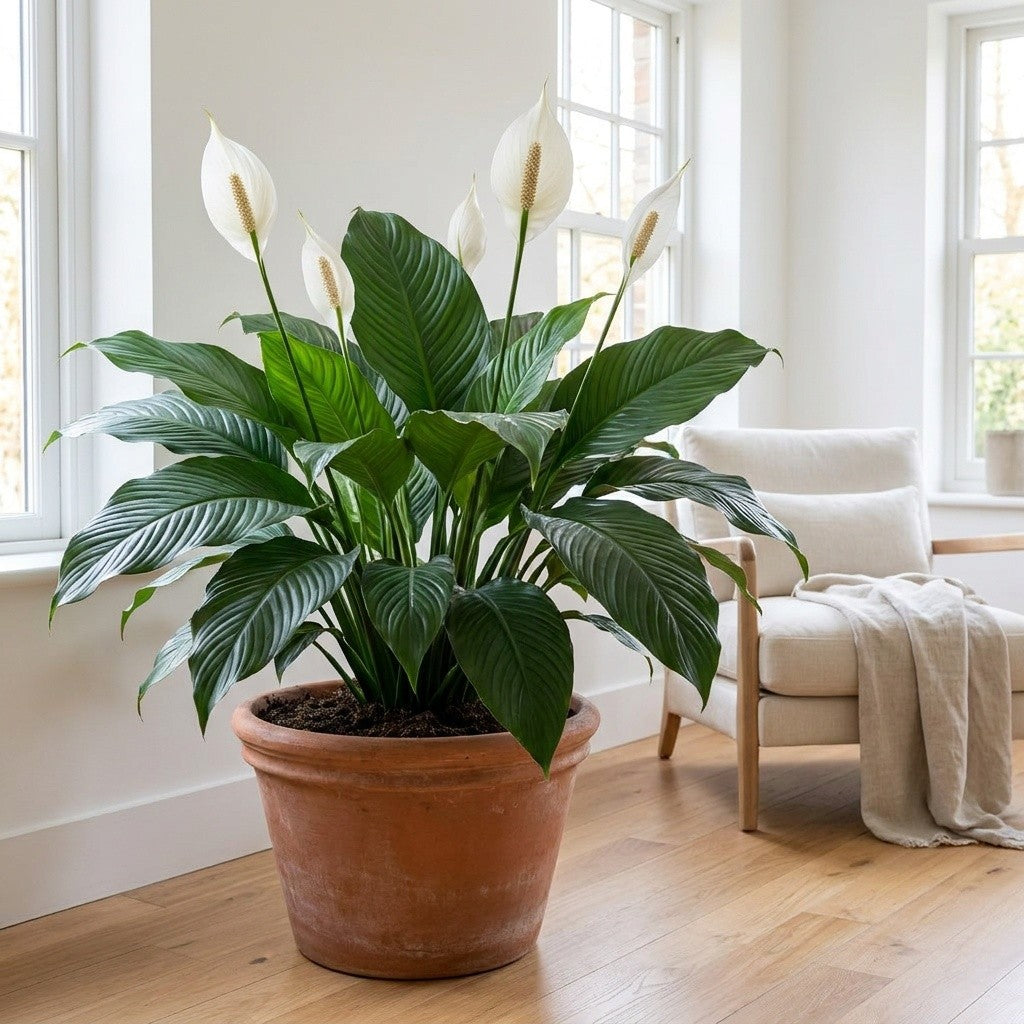 Spathiphyllum Sensation peace lily with huge ribbed leaves and white flowers in a bright living room