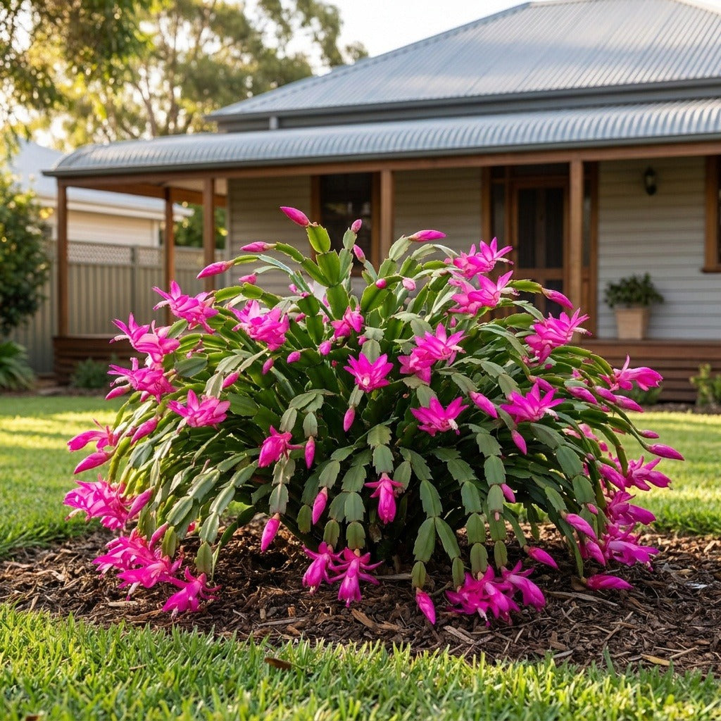 Sharon Christmas Cactus (Schlumbergera truncata 'Sharon') growing in a mulched garden bed in front of an Australian home