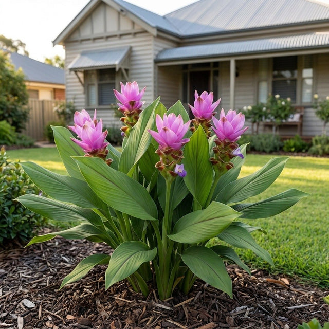 Siam Swift Ornamental Ginger (Curcuma alismatifolia 'Siam Swift') growing in a mulched garden bed in front of an Australian home