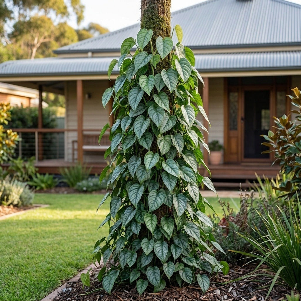 Silver Monstera (Monstera siltepecana) growing in a mulched garden bed in front of an Australian home