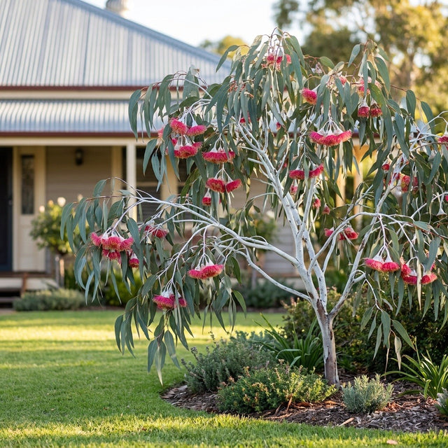 Silver Princess Flowering Gum (Eucalyptus caesia 'Silver Princess') growing in a mulched garden bed in front of an Australian home