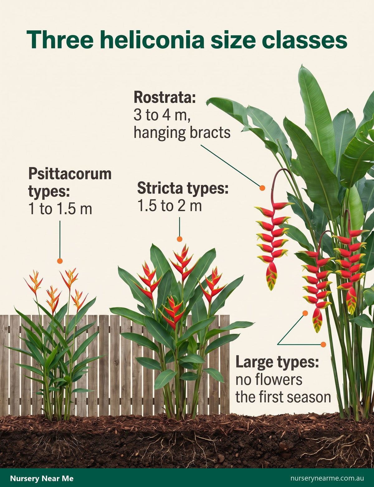 Size diagram of three heliconia types, from a 1 m psittacorum to a 4 m hanging lobster claw, against a fence