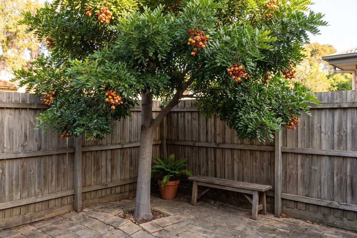 Small leaf tuckeroo with a lifted canopy and a bench beneath it in a small courtyard