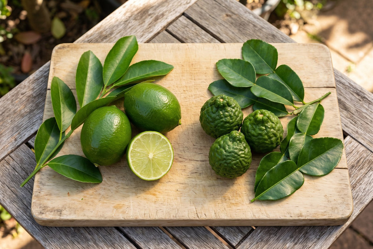 Smooth Tahitian limes and knobbly kaffir limes with their leaves on a chopping board