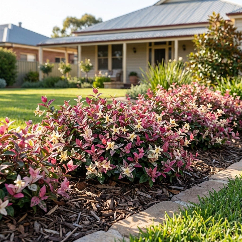 Snow-N-Summer Variegated Asiatic Star Jasmine (Trachelospermum asiaticum 'Snow-N-Summer') growing in a mulched garden bed in front of an Australian home