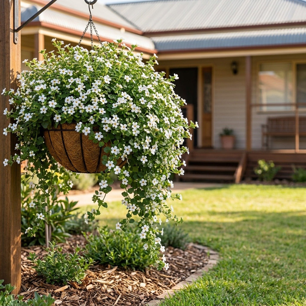 Snowtopia Bacopa (Sutera cordata 'Snowtopia') growing in a mulched garden bed in front of an Australian home