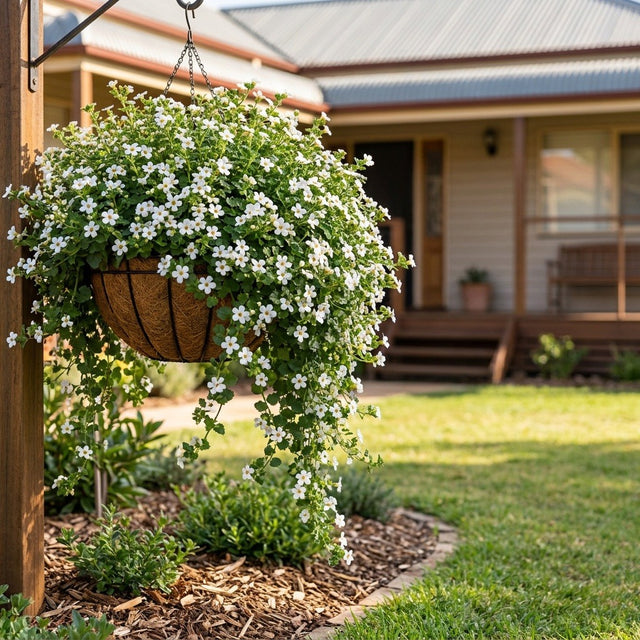 Snowtopia Bacopa (Sutera cordata 'Snowtopia') growing in a mulched garden bed in front of an Australian home