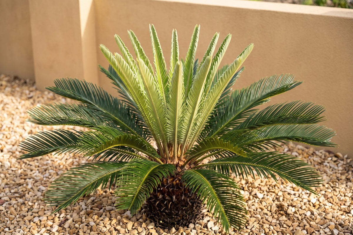 Soft pale green new fronds emerging upright from the centre of a sago palm above older dark fronds
