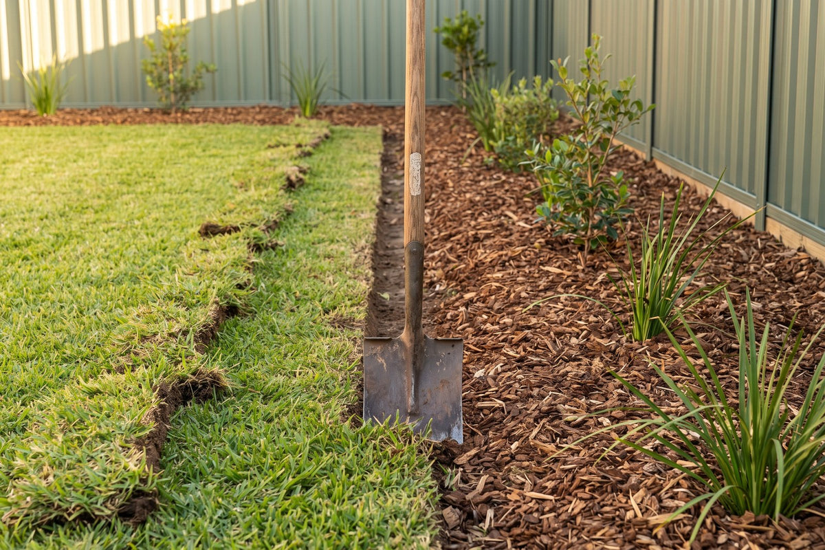 Spade cutting a crisp new edge between lawn and a mulched garden bed in a backyard