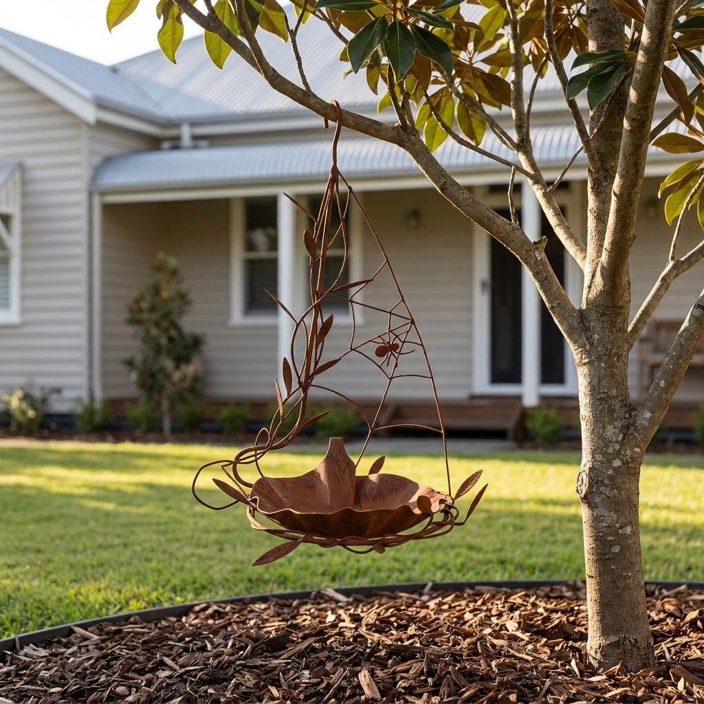 Spiderweb Rusted Steel Hanging Bird Bath