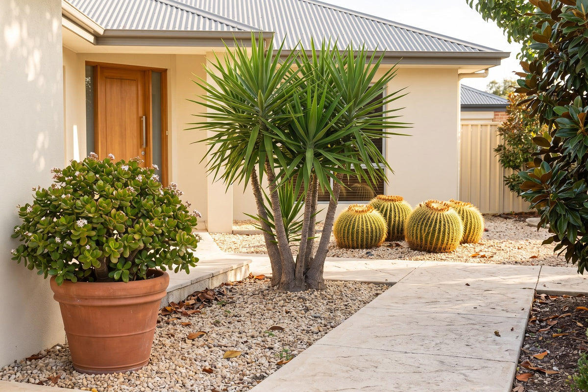 Spineless yucca and potted jade plant beside a front path with spiny golden barrel cacti set well back