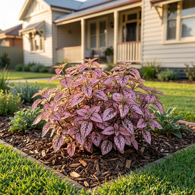 Splash Pink Polka Dot Plant (Hypoestes phyllostachya 'Splash Pink') growing in a mulched garden bed in front of an Australian home