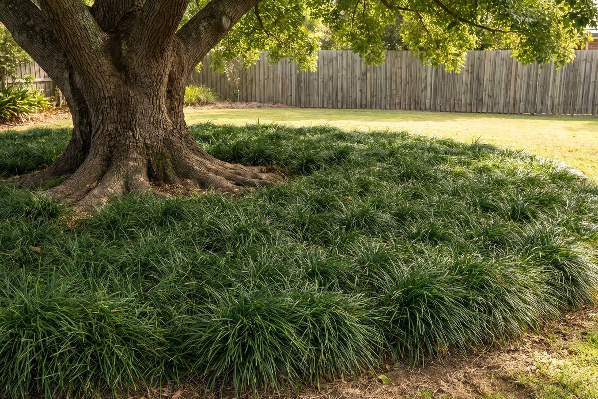 Standard mondo grass mass planted as a groundcover in the shade under a large tree