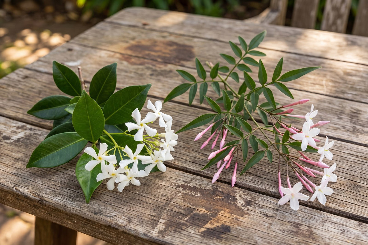 Star jasmine sprig with glossy leaves beside pink-budded Jasminum polyanthum