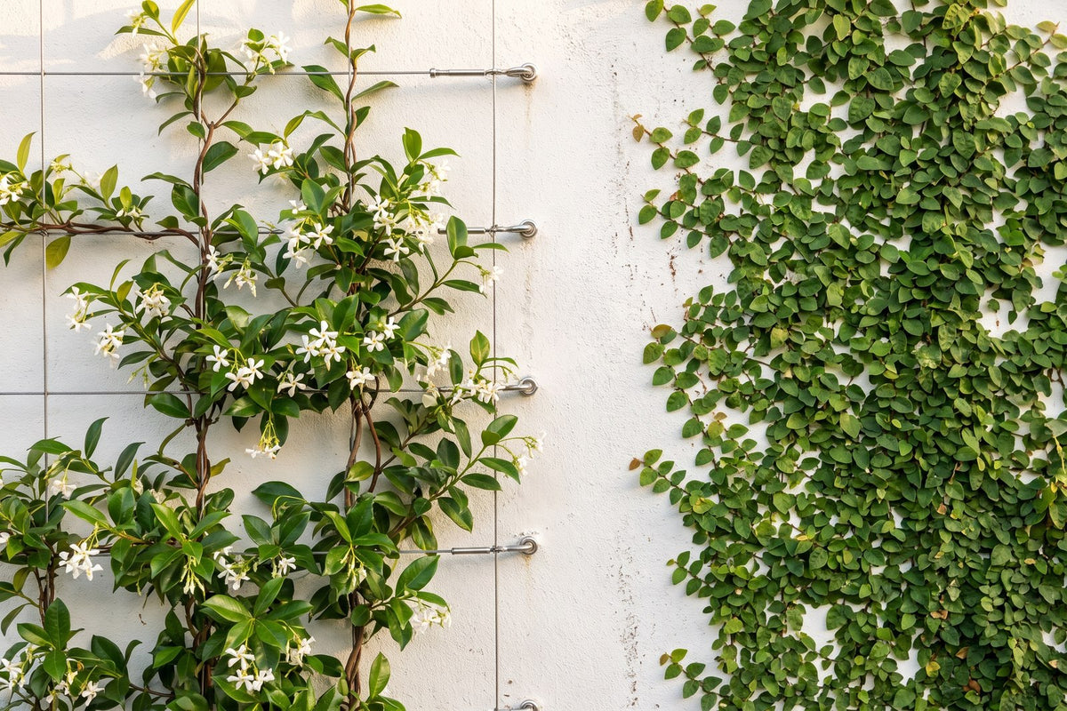 Star jasmine twining on wires beside climbing fig clinging directly to a rendered wall