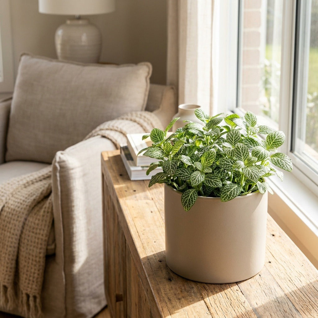Starlight Snakeskin Plant (Fittonia 'Starlight') in a neutral ceramic pot on a timber sideboard by a sunlit window