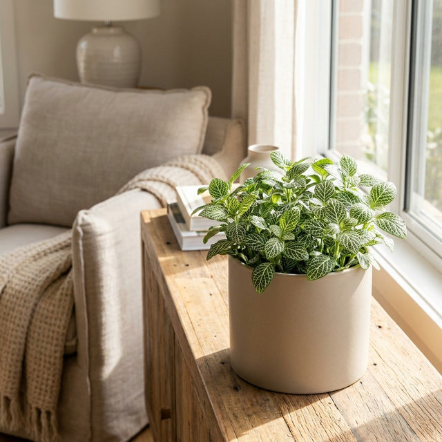 Starlight Snakeskin Plant (Fittonia 'Starlight') in a neutral ceramic pot on a timber sideboard by a sunlit window