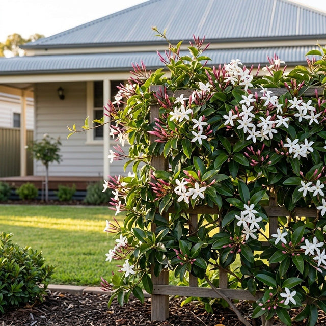 Starry Jasmine (Jasminum multipartitum) growing in a mulched garden bed in front of an Australian home