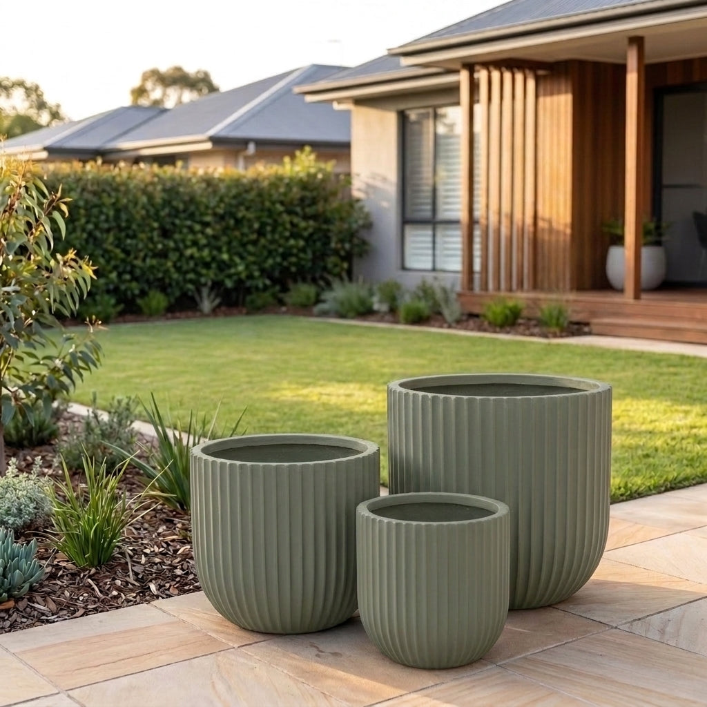 StoneLite Fluted Tubs - Various sizes available - Pale Eucalyptus