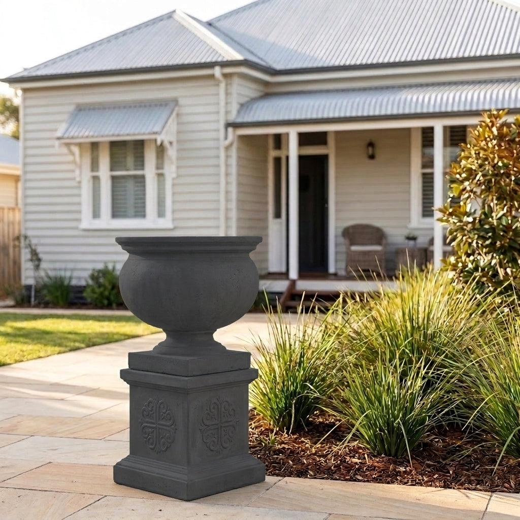 StoneLite Ornate Urn Pedestal - 45 x 45 x 45cm - Charcoal