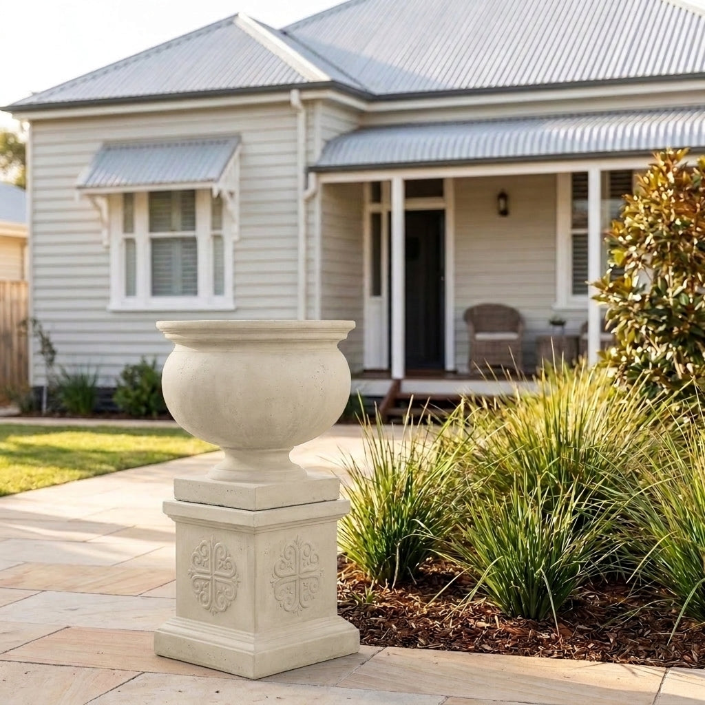 StoneLite Ornate Urn Pedestal - 45 x 45 x 45cm - Paperbark Half