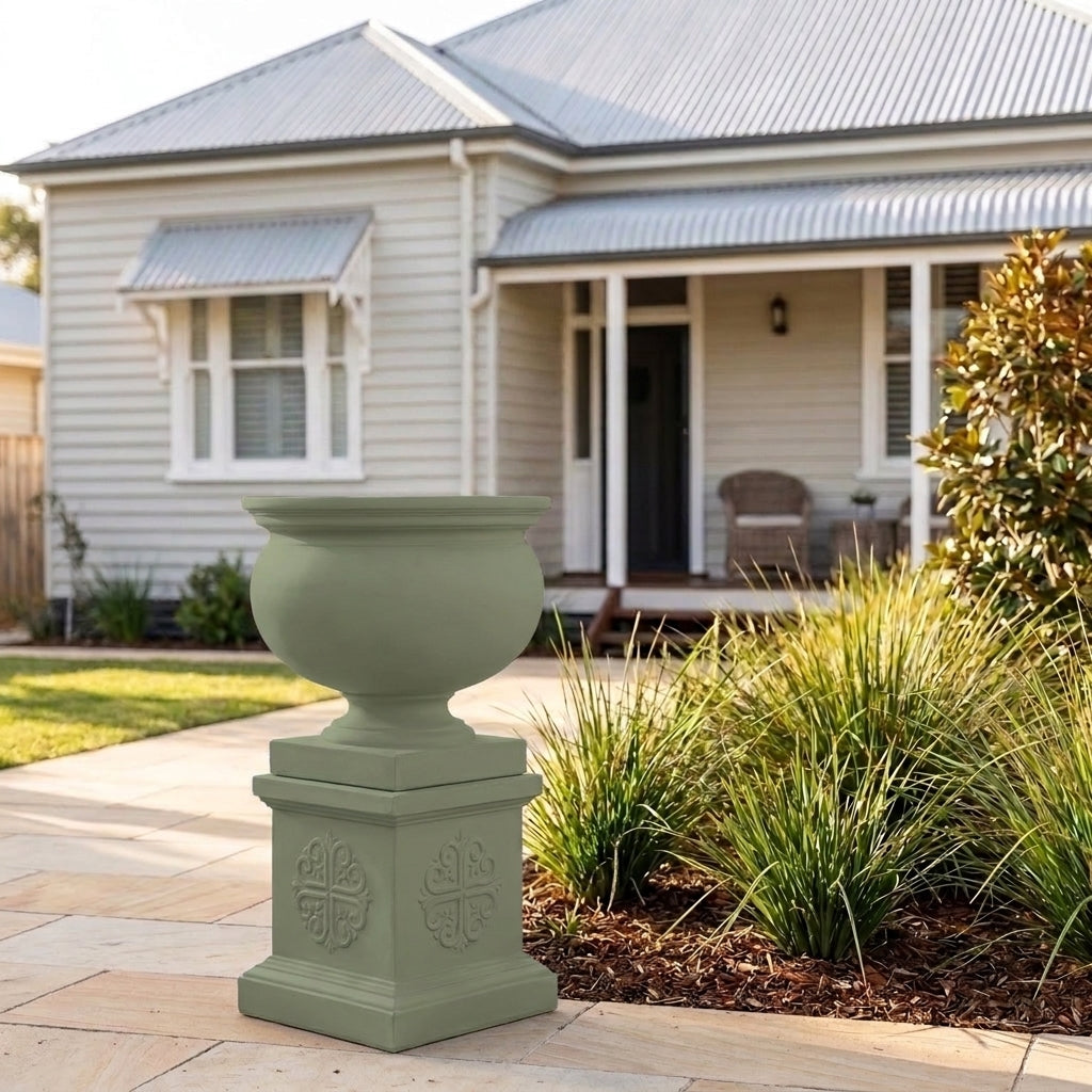 StoneLite Ornate Urn Pedestal - 45 x 45 x 45cm - Pale Eucalyptus