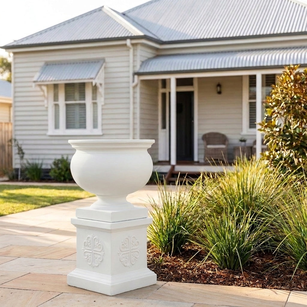 StoneLite Ornate Urn Pedestal - 45 x 45 x 45cm - White on White