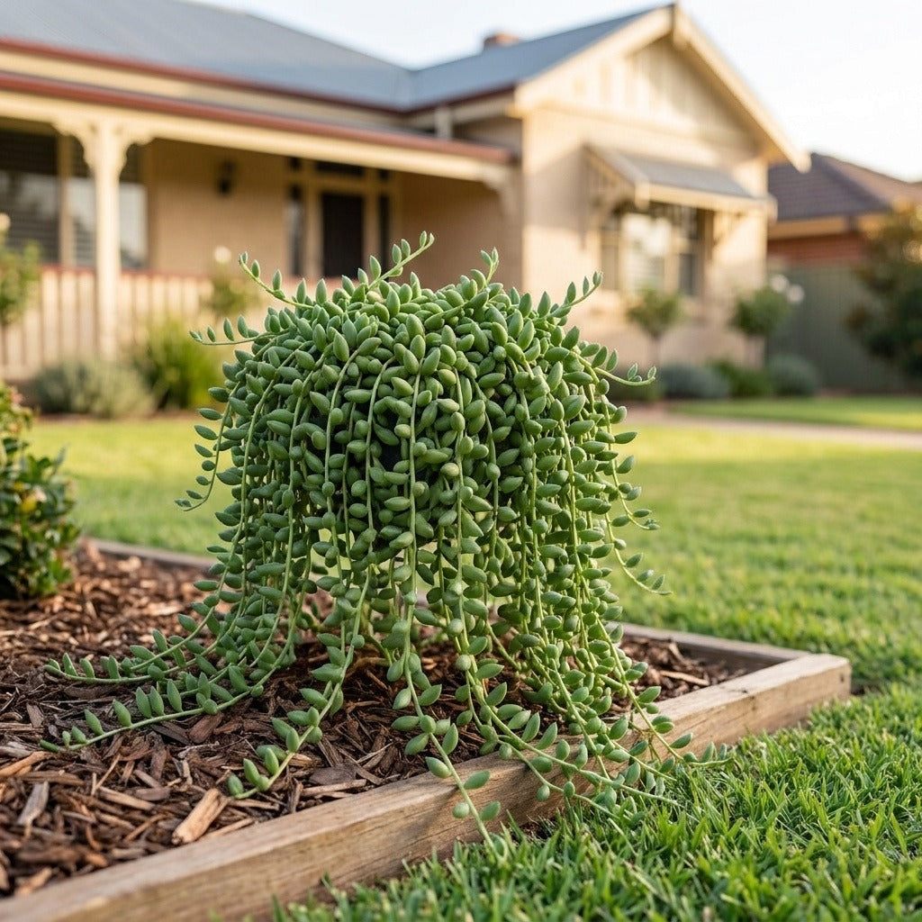 String of Beans (Senecio radicans) growing in a mulched garden bed in front of an Australian home