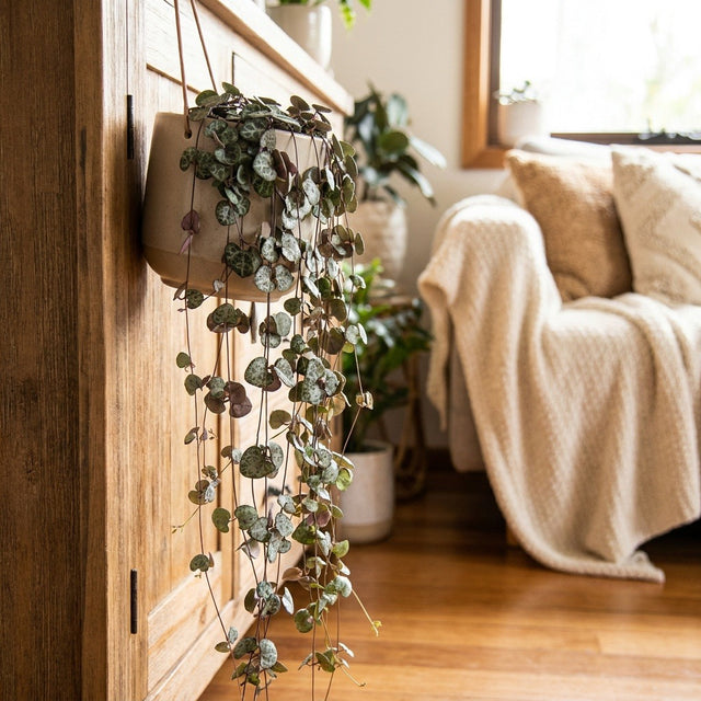 String of Hearts (Ceropegia woodii) in a neutral ceramic pot on a timber sideboard by a sunlit window